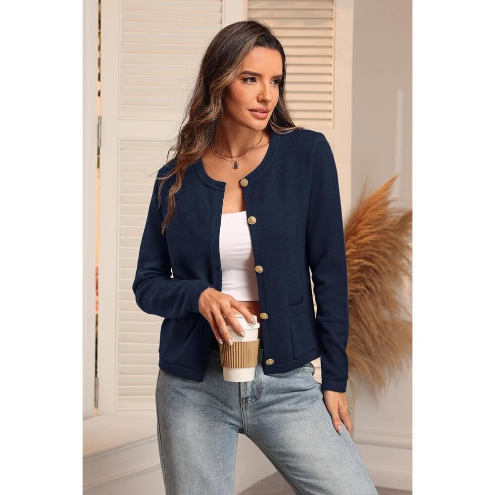 Women's Striped Knit Cardigan Sweater Cropped Long Sleeve Button Fall Winter - Picture 3 of 6